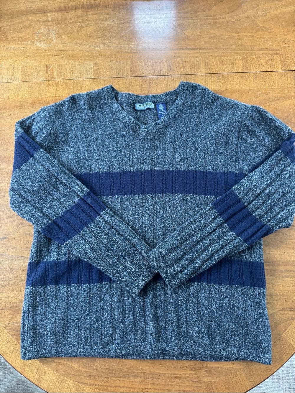 Structure Wool Men's Gray Sweater with Navy Stripes